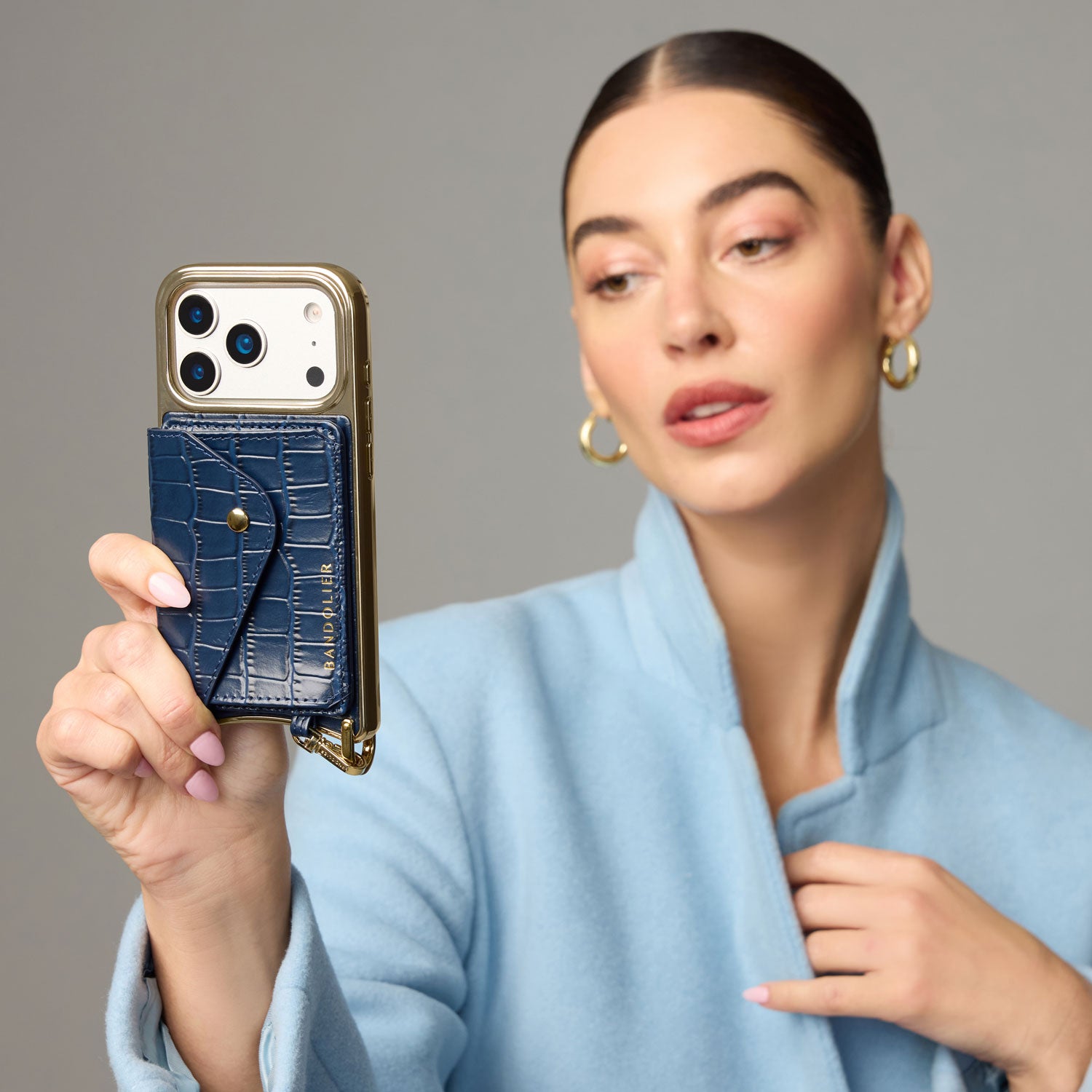 Remi Magnet Wallet Crossbody Phone Case - Navy Croc/Gold