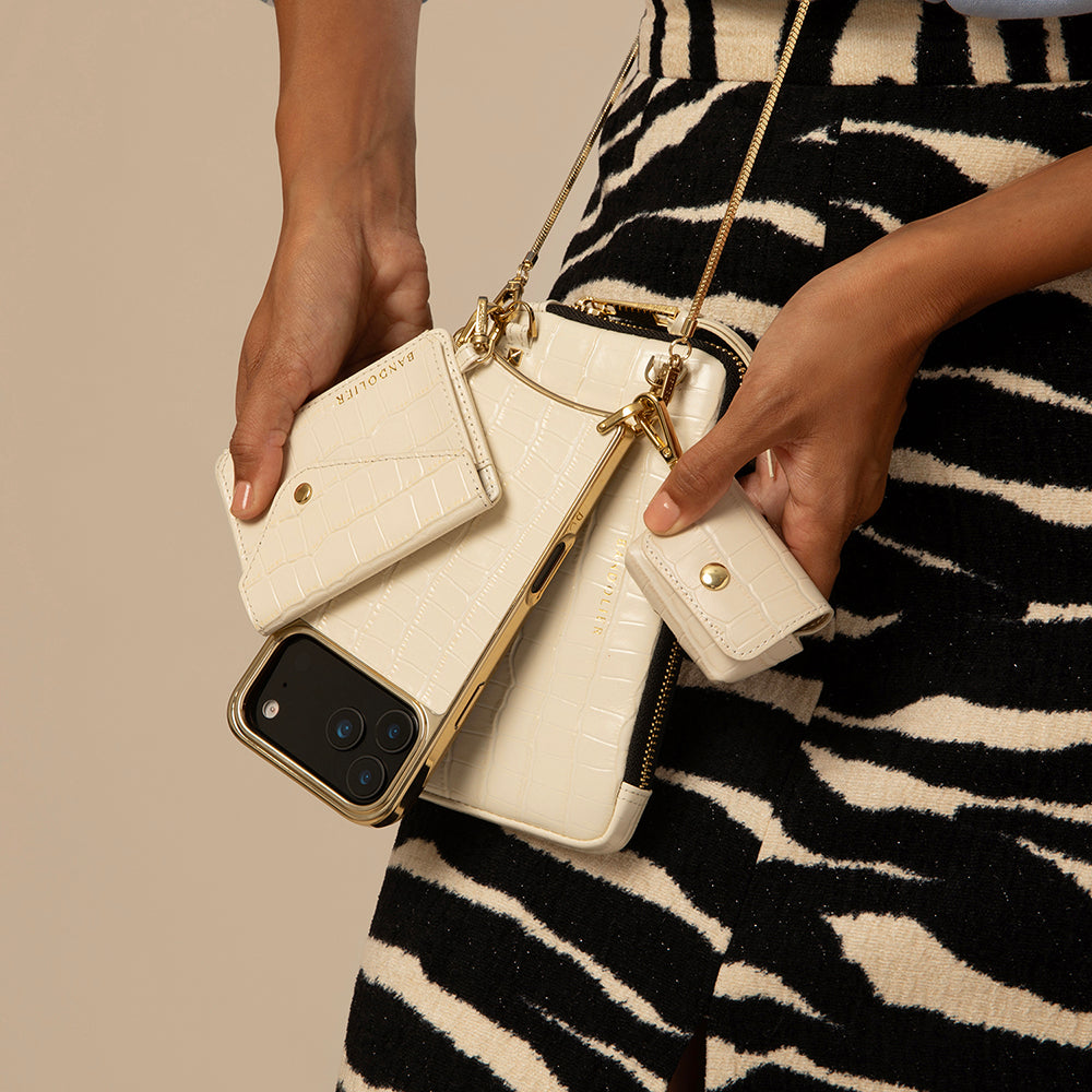 Remi Magnet Wallet Crossbody Phone Case Essentials Set - Ivory Croc/Gold