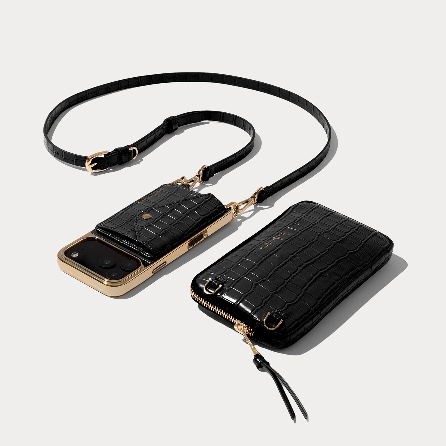 Remi Magnet Wallet Crossbody Phone Case Pouch Set - Black Croc/Gold