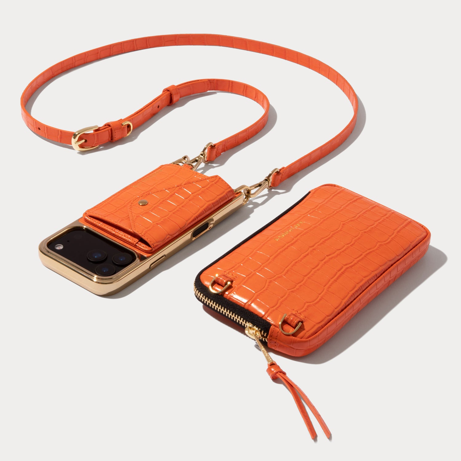 Remi Magnet Wallet Crossbody Phone Case Pouch Set - Orange Croc/Gold