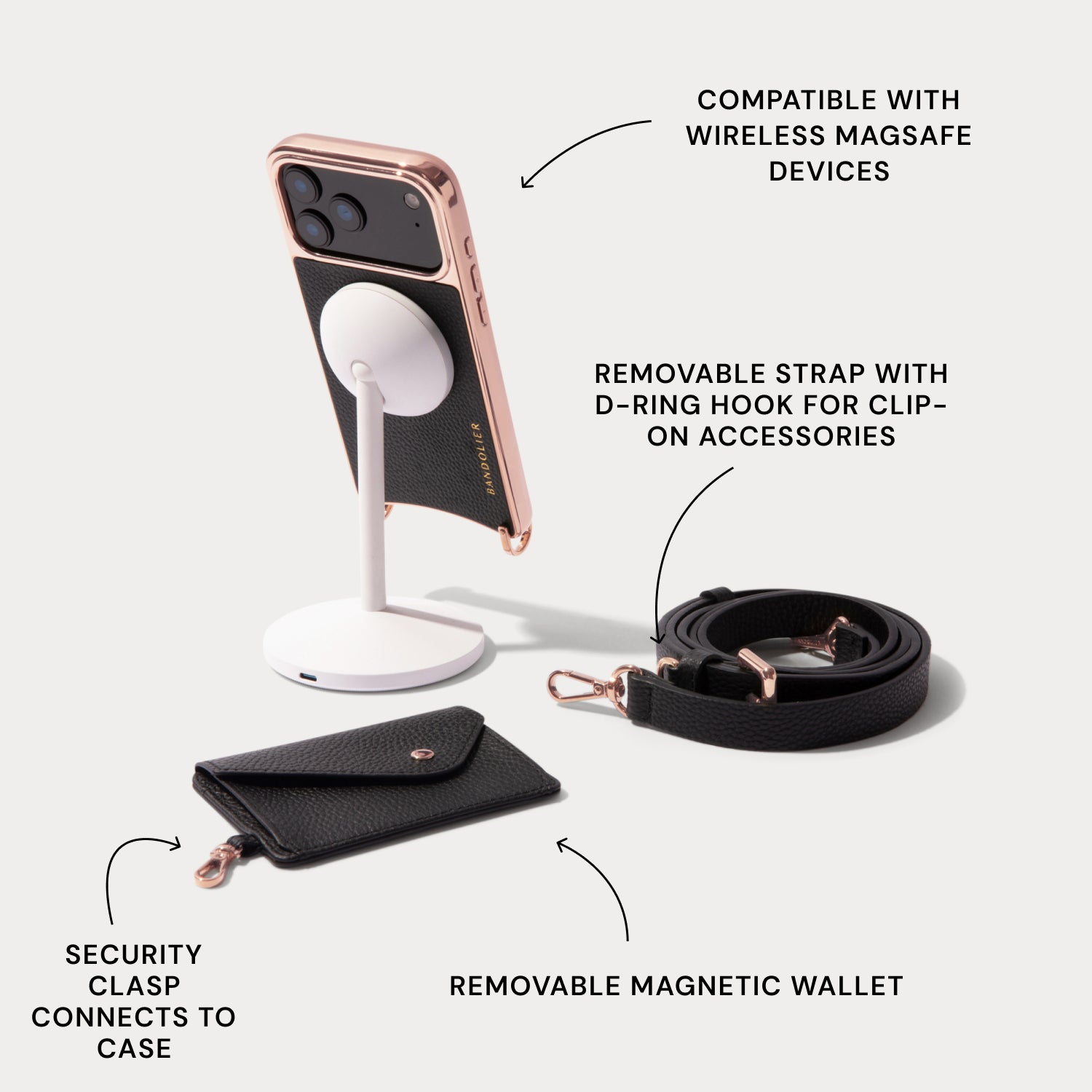 Remi Chrome Magnet Wallet Crossbody Phone Case - Black Chrome/Rose Gold