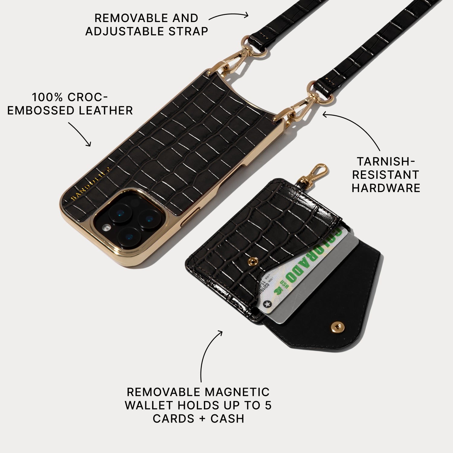 Remi Magnet Wallet Crossbody Phone Case - Black Croc/Gold