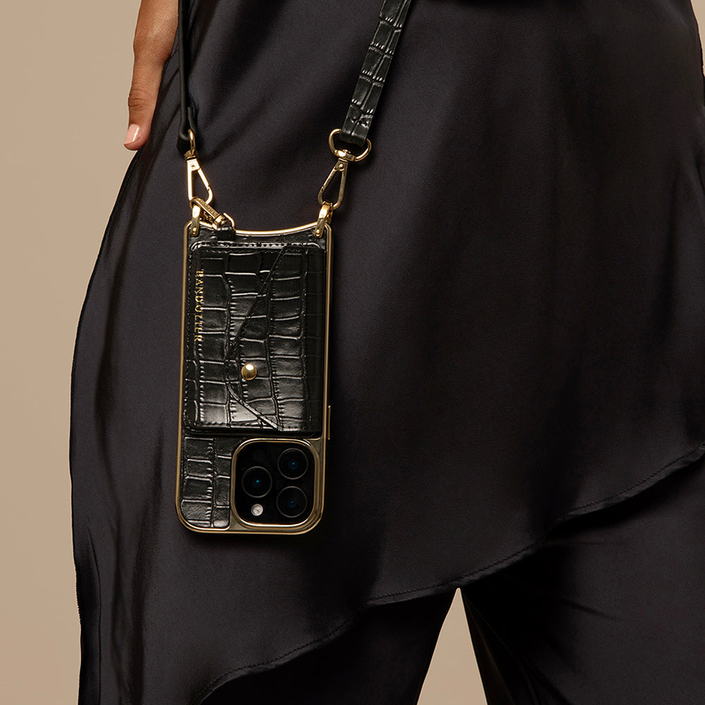 Remi Magnet Wallet Crossbody Phone Case - Black Croc/Gold