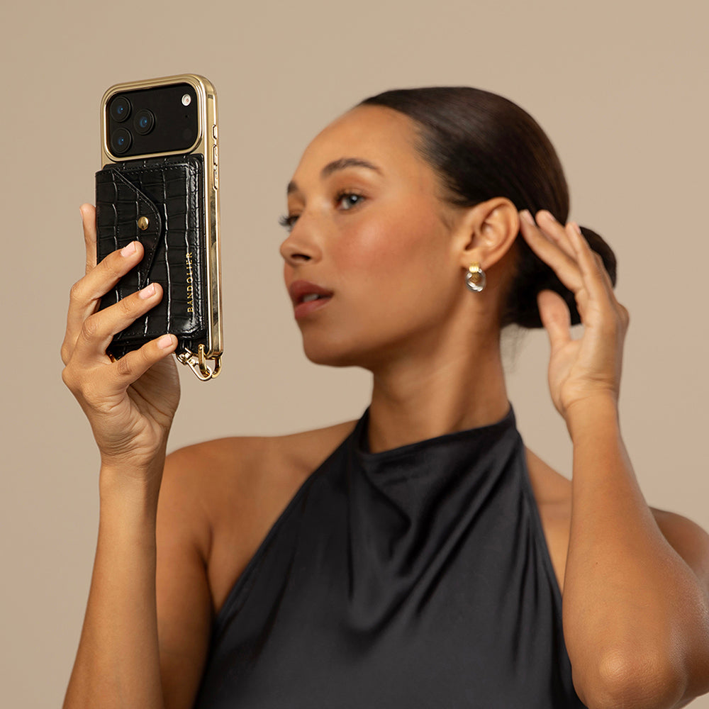 Remi Magnet Wallet Crossbody Phone Case - Black Croc/Gold