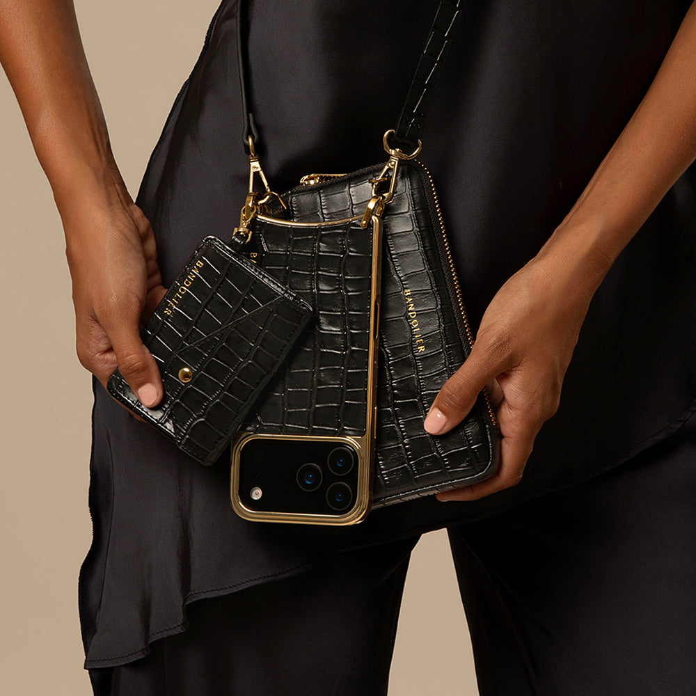 Expanded Zip Pouch - Black Croc/Gold