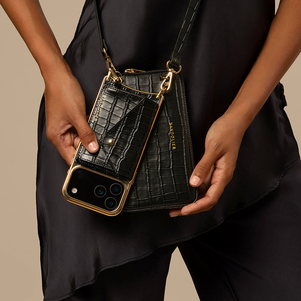 Expanded Zip Pouch - Black Croc/Gold