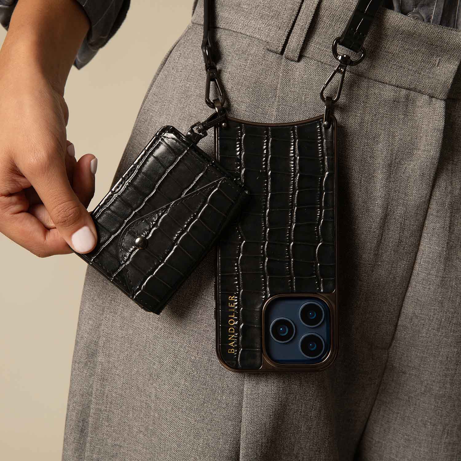 Remi Magnet Wallet Crossbody Phone Case - Black Croc/Pewter