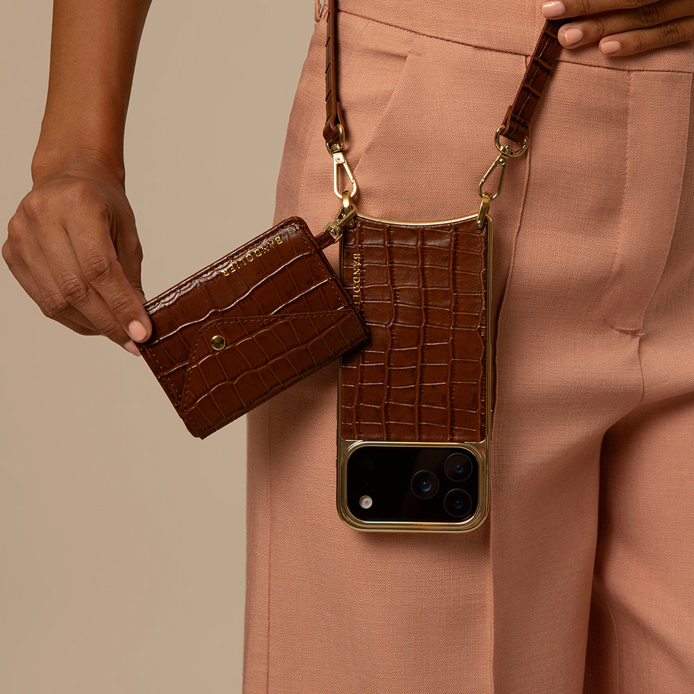 Remi Magnet Wallet Crossbody Phone Case - Brown Croc/Gold