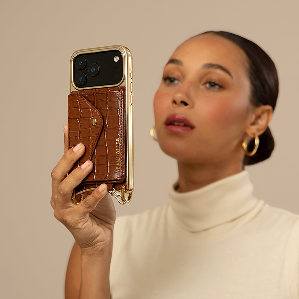 Remi Magnet Wallet Crossbody Phone Case - Brown Croc/Gold