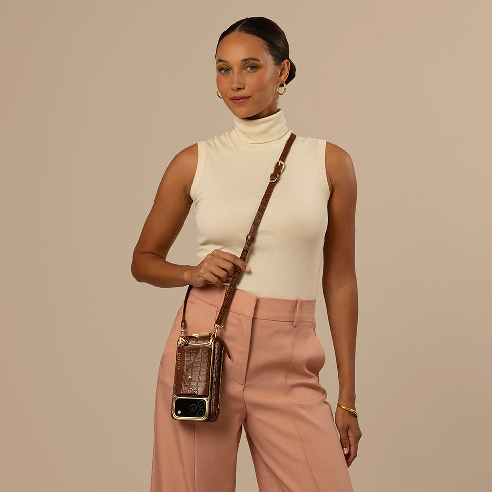 Remi Magnet Wallet Crossbody Phone Case Pouch Set - Brown Croc/Gold