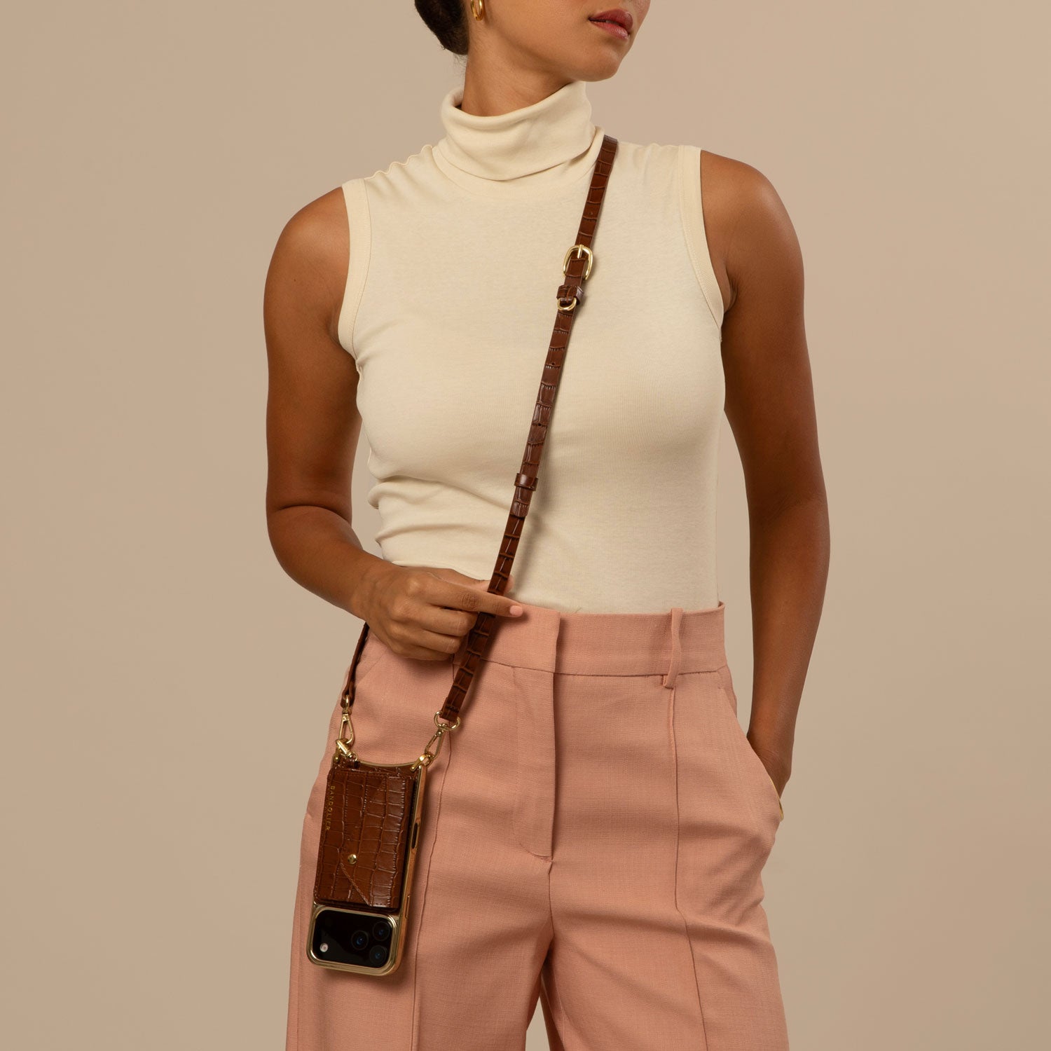 Remi Magnet Wallet Crossbody Phone Case - Brown Croc/Gold