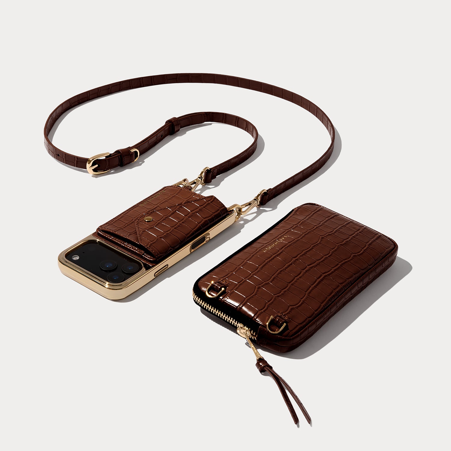 Remi Magnet Wallet Crossbody Phone Case Pouch Set - Brown Croc/Gold