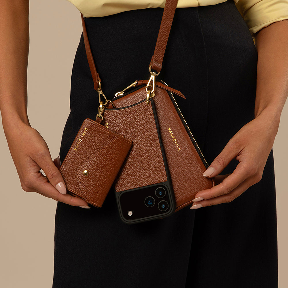 Remi Magnet Wallet Crossbody Phone Case Pouch Set - Cognac/Gold