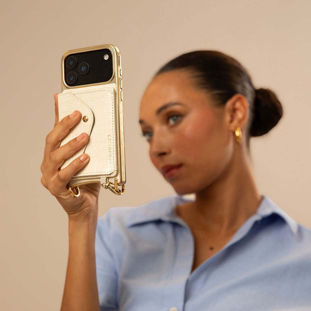 Remi Chrome Magnet Wallet Crossbody Phone Case - Ivory Croc/Gold