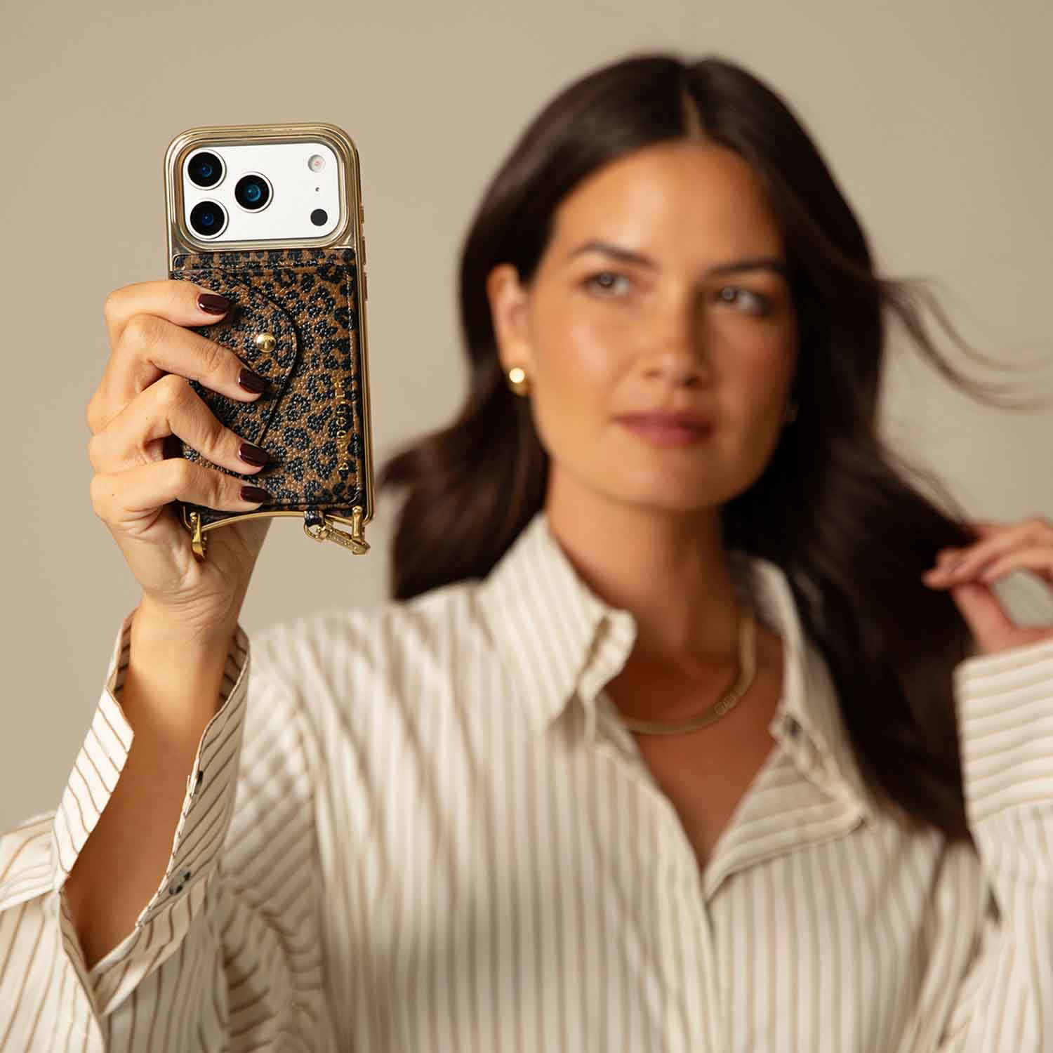 Remi Chrome Magnet Wallet Crossbody Phone Case - Dark Leopard/Gold