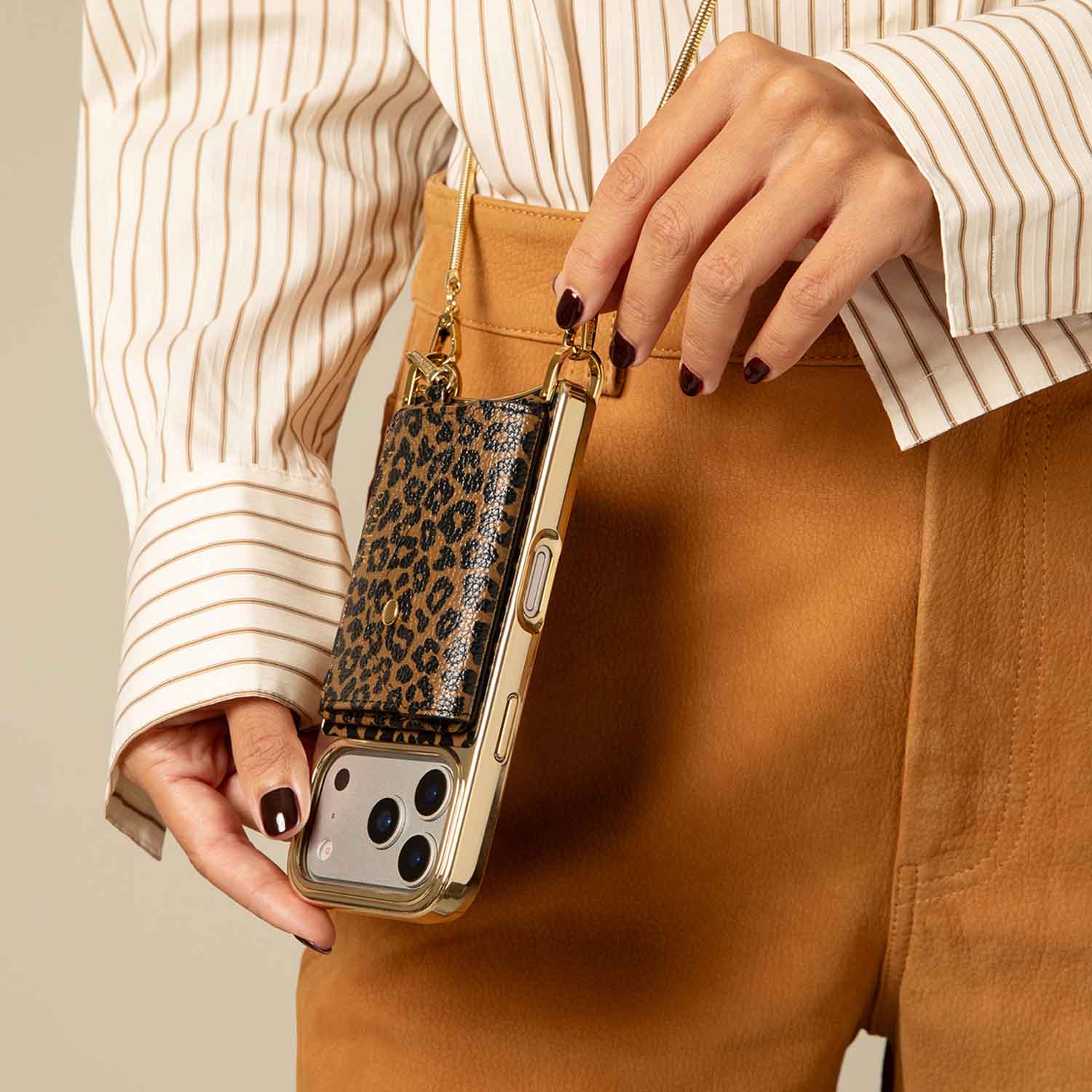 Remi Chrome Magnet Wallet Crossbody Phone Case - Dark Leopard/Gold