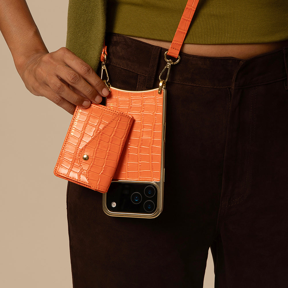 Remi Magnet Wallet Crossbody Phone Case - Orange Croc/Gold