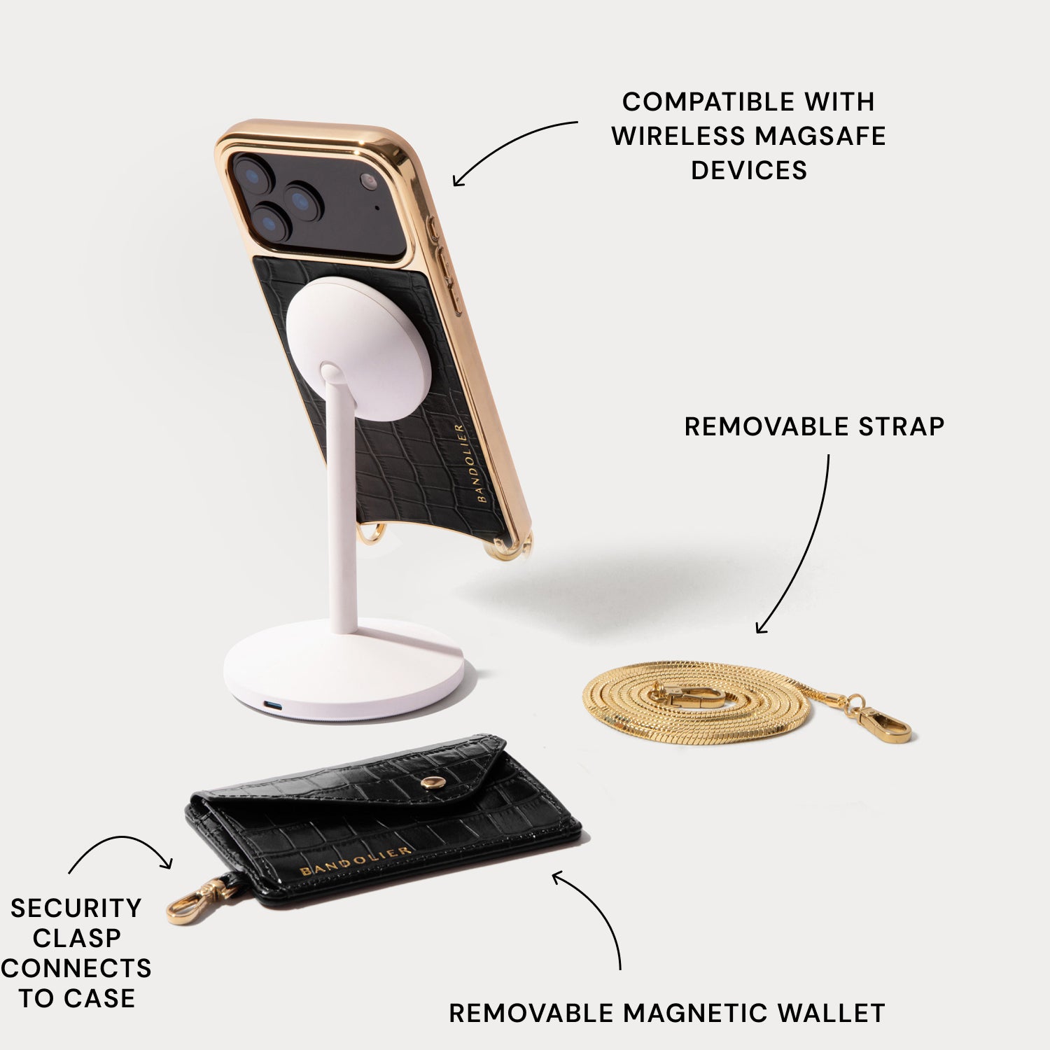 Remi Chain Magnet Wallet Crossbody Phone Case - Black Croc Chrome/Gold