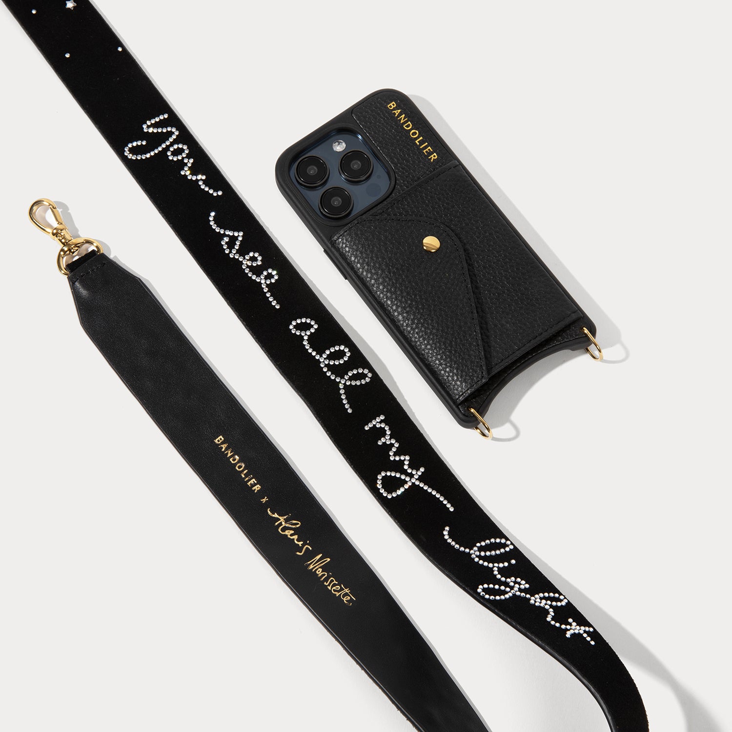 Alanis Rhinestone Crossbody iPhone Case Bandolier - Black/Gold