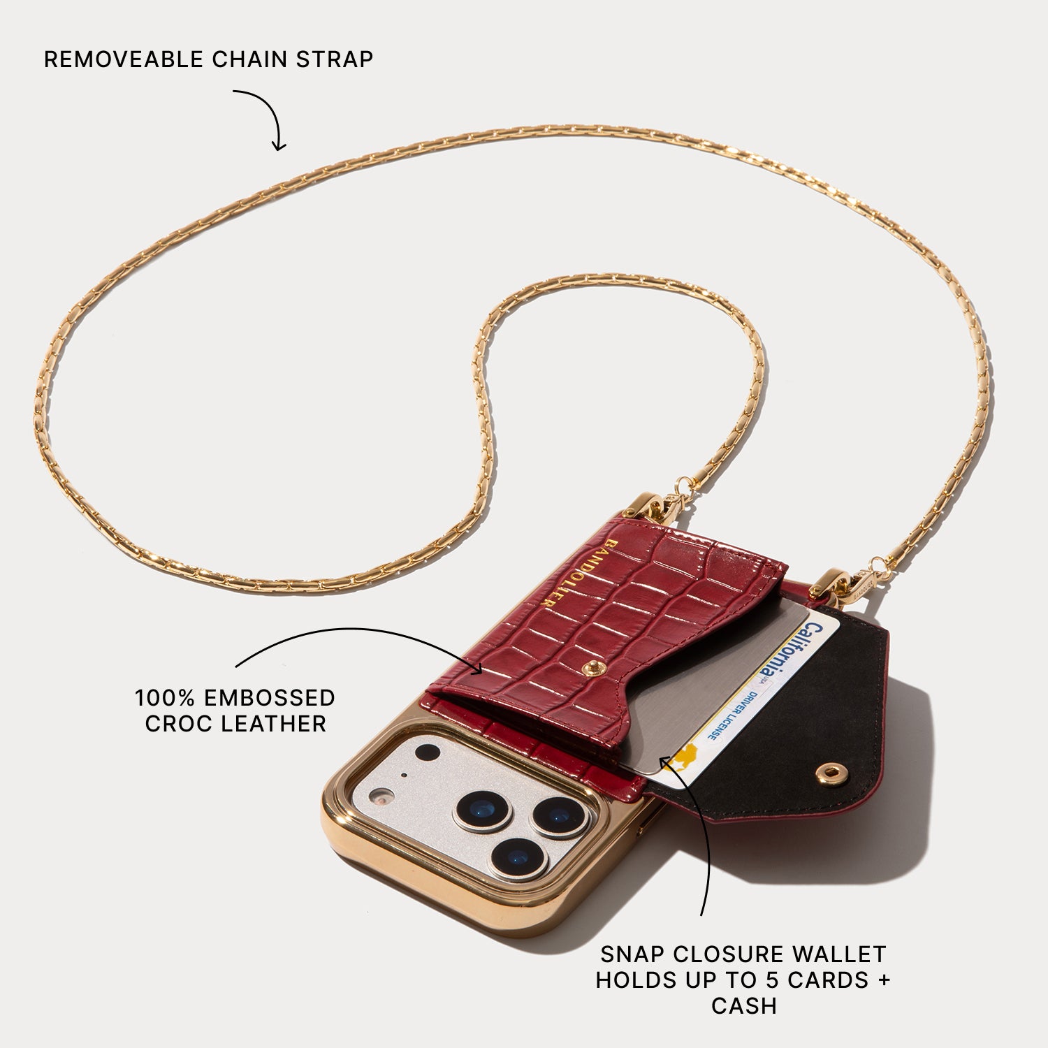 Cora Crossbody Phone Case - Red Croc/Gold