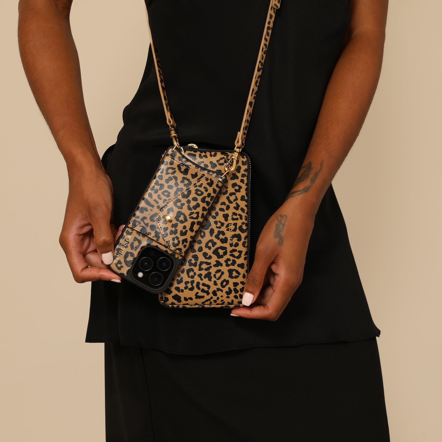 Smooth Leather Expanded Zip Pouch - Leopard/Gold