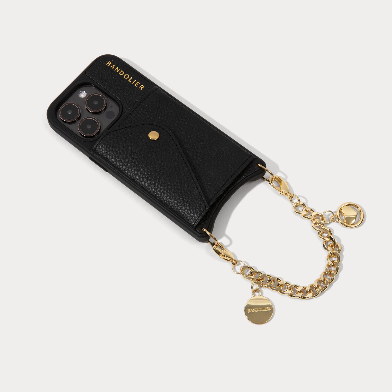 Charm Pebble Leather Wristlet- Black/Gold