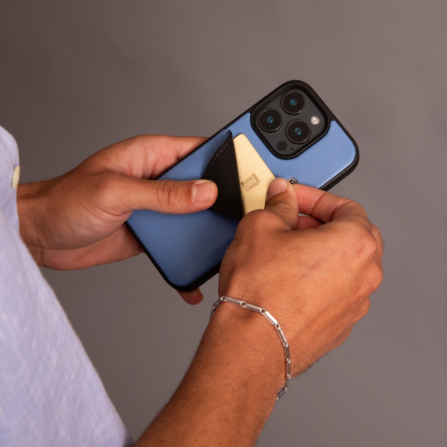 Alex Smooth Leather Wallet Phone Case (no D-rings) - Denim Blue/Pewter