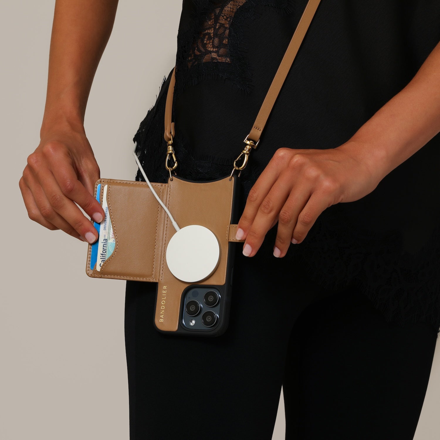 Mila MagSafe Charging Crossbody Bandolier - Tan/Gold