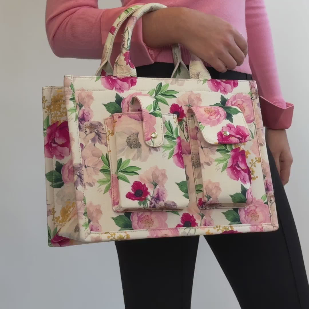 Book Tote - Ceci Ivory Floral/Gold