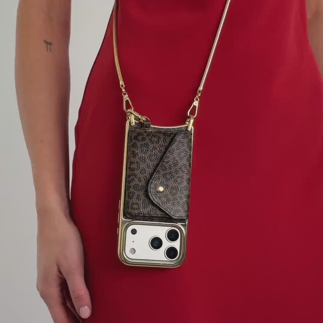 Remi Chrome Magnet Wallet Crossbody Phone Case - Dark Leopard/Gold
