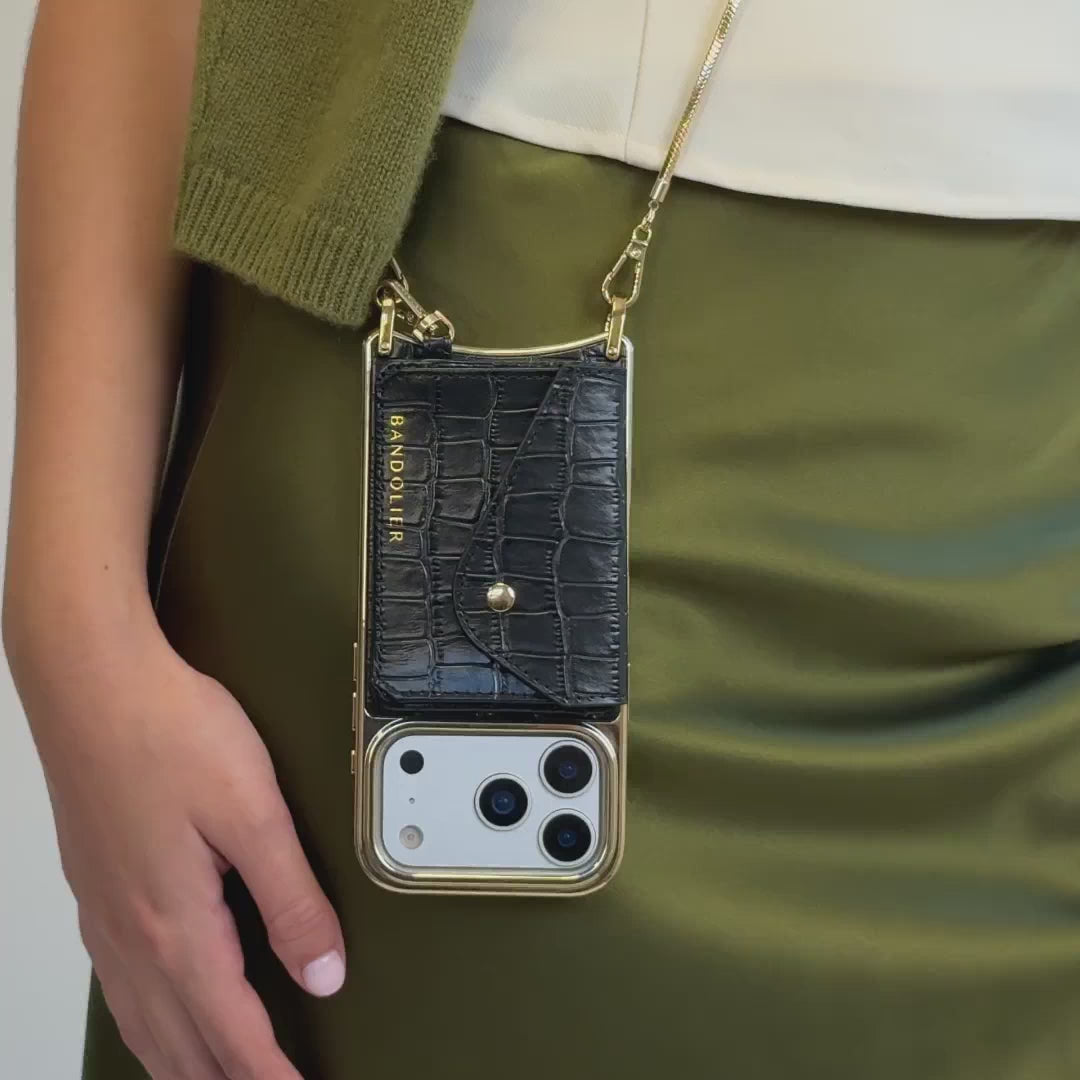 Remi Chain Magnet Wallet Crossbody Phone Case - Black Croc Chrome/Gold