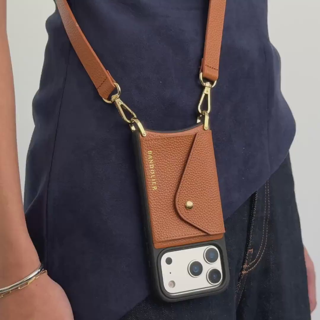 Hailey Side Slot Leather Crossbody Bandolier - Saddle Brown/Gold
