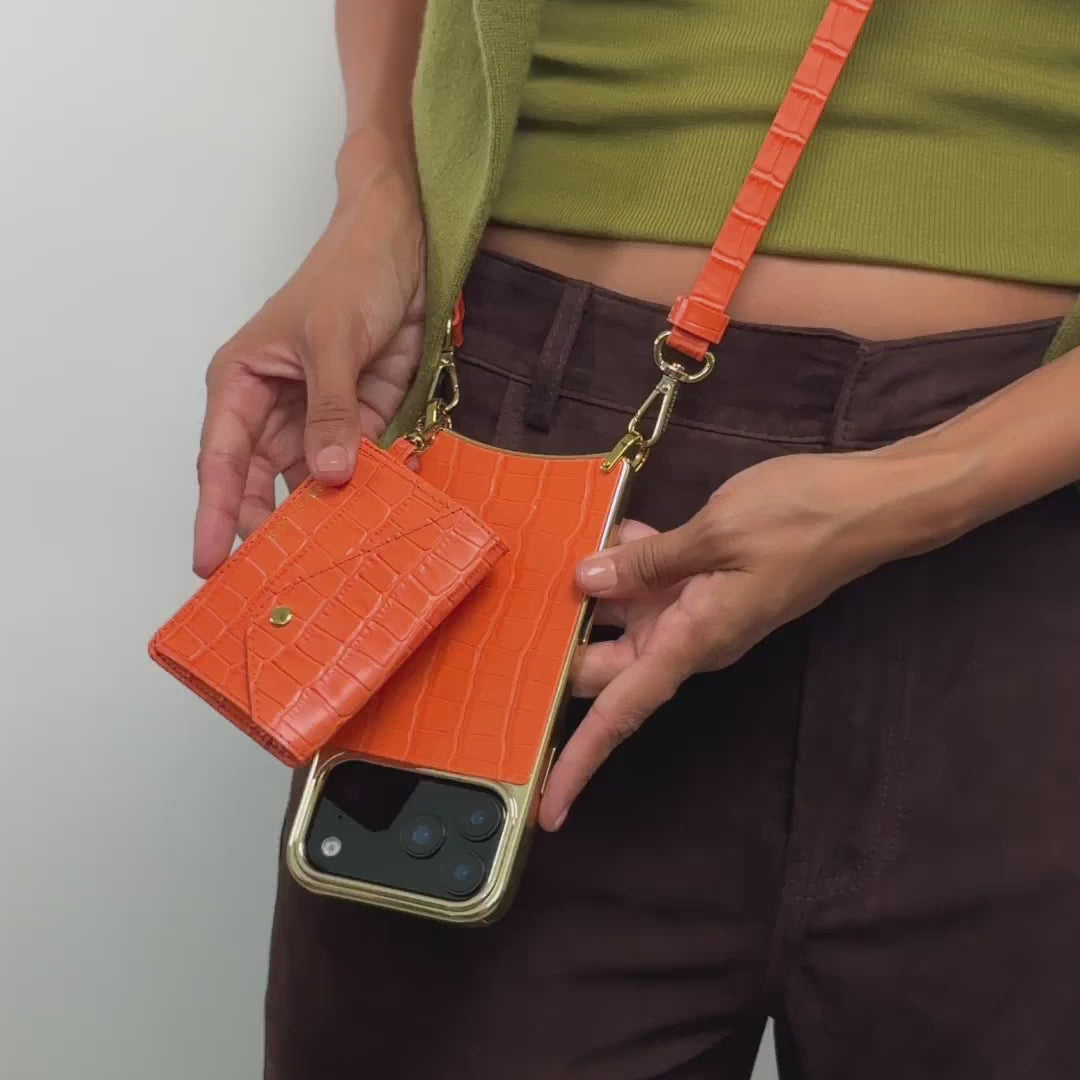 Remi Magnet Wallet Crossbody Phone Case - Orange Croc/Gold