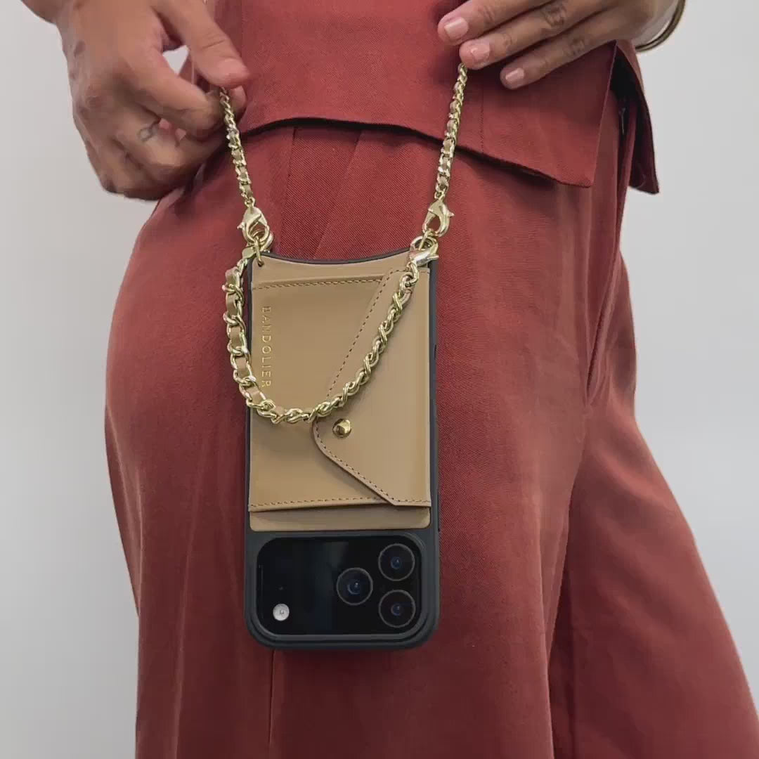 Lily Side Slot Leather Crossbody Bandolier Set - Tan/Gold