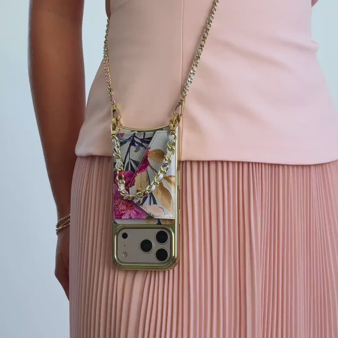 Lily Chrome Side Slot Leather Crossbody Bandolier Set - Ceci Blue Floral Chrome/Gold