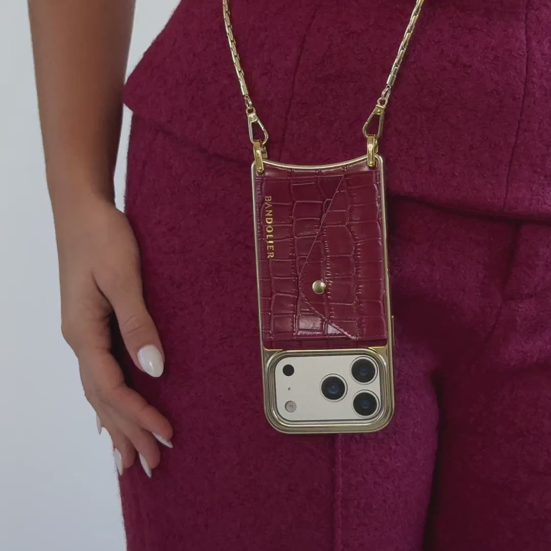 Cora Crossbody Phone Case - Red Croc/Gold