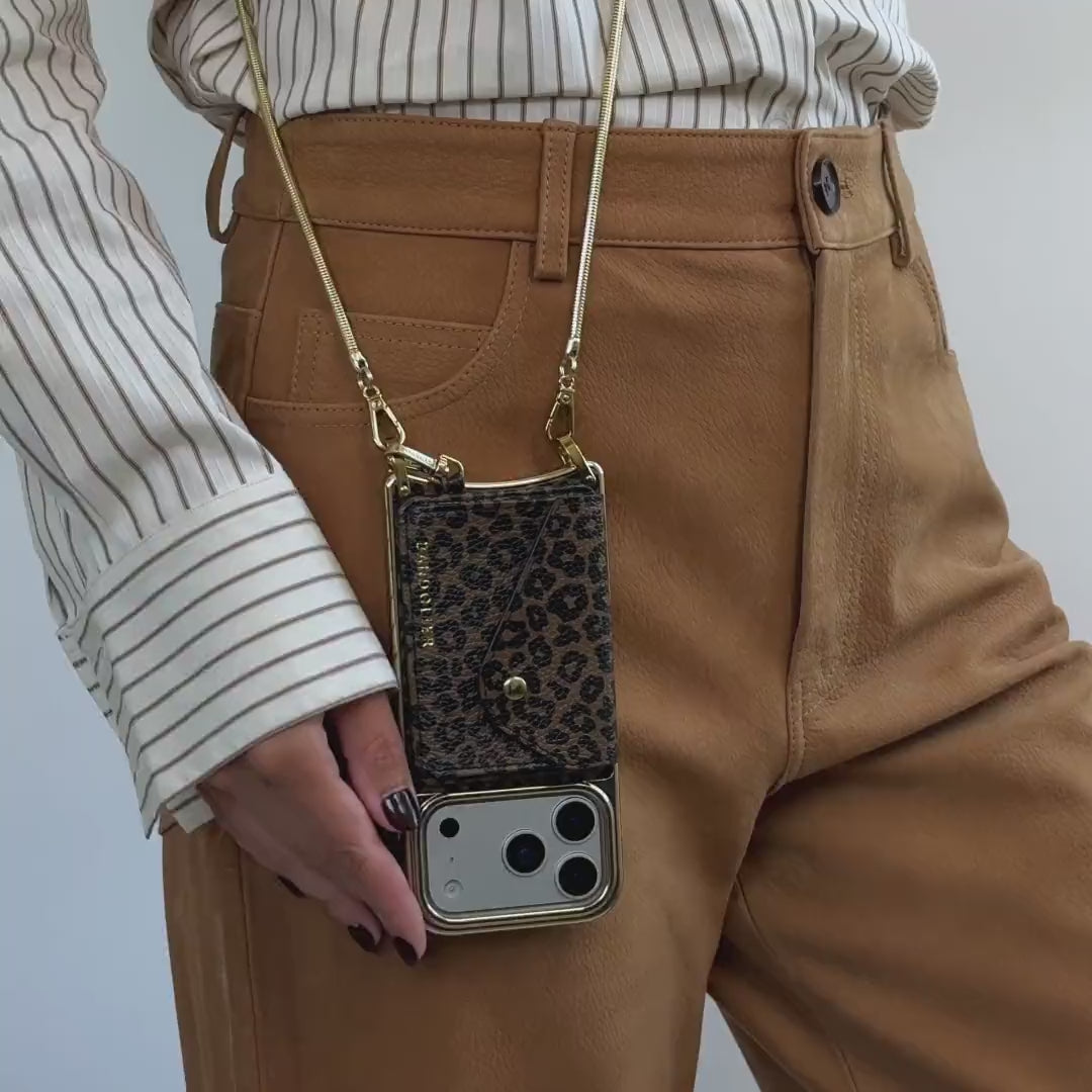Remi Chrome Magnet Wallet Crossbody Phone Case - Dark Leopard/Gold