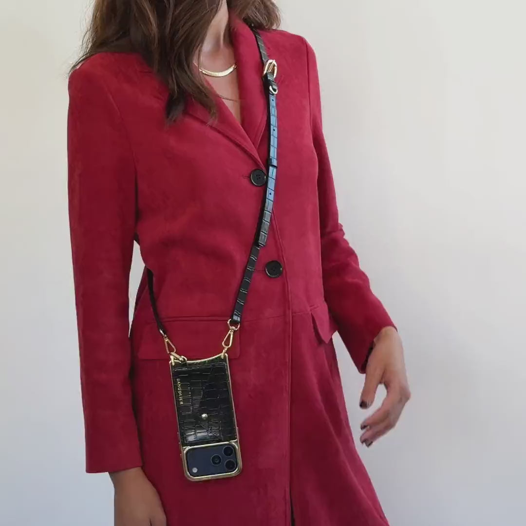 Remi Magnet Wallet Crossbody Phone Case - Black Croc/Pewter