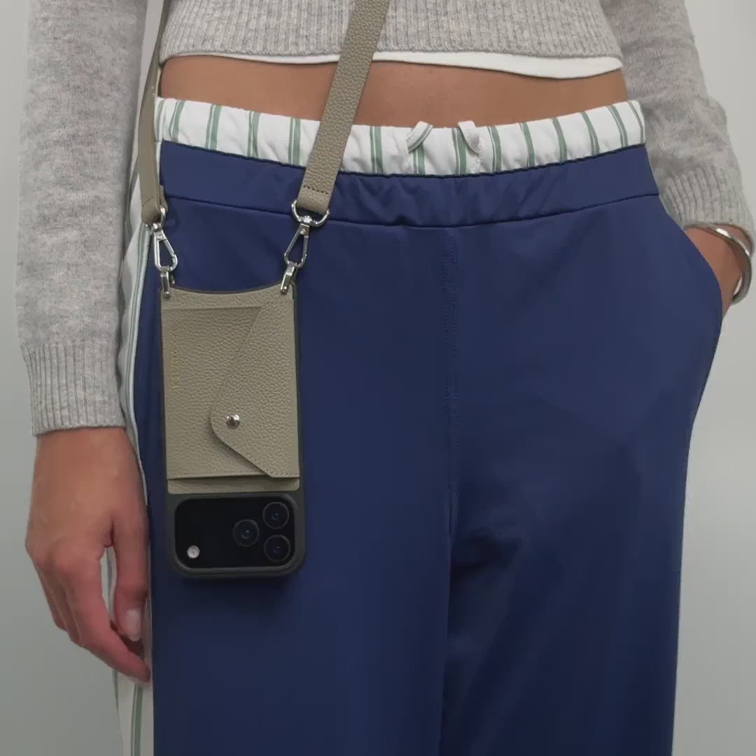 Hailey Side Slot Leather Crossbody Bandolier - Greige/Silver