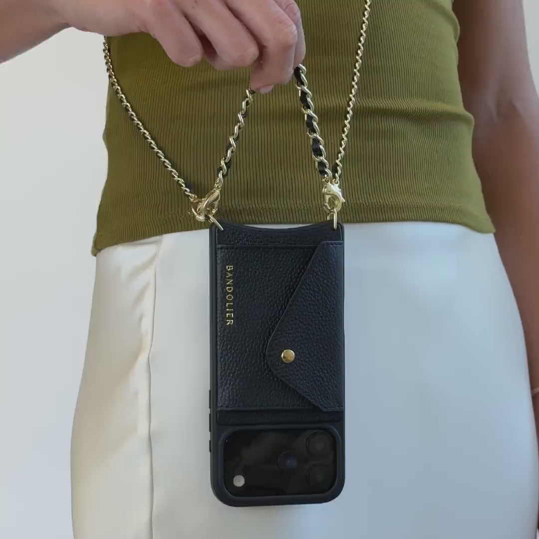 Lily Side Slot Leather Crossbody Bandolier Set - Black/Gold