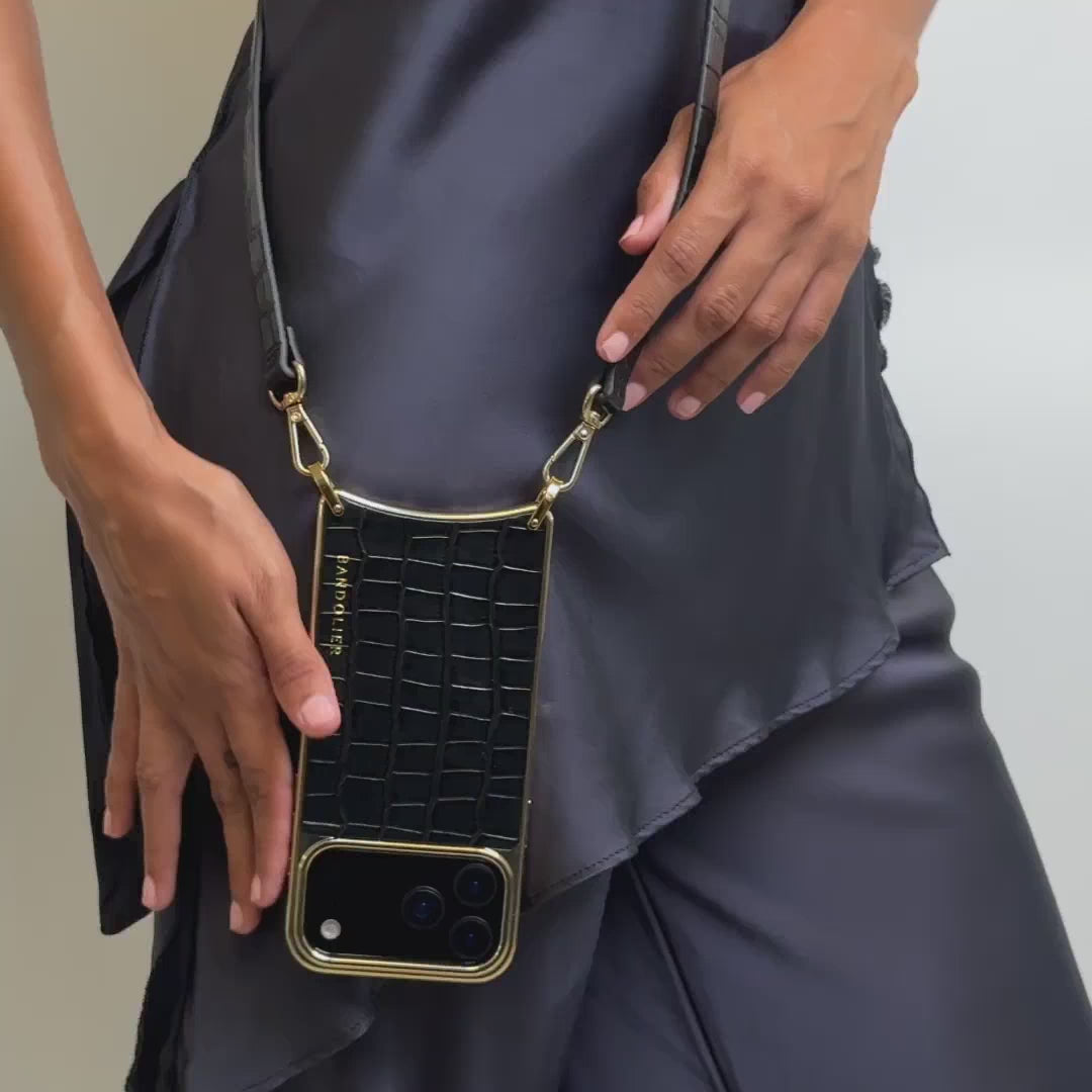 Remi Magnet Wallet Crossbody Phone Case - Black Croc/Gold