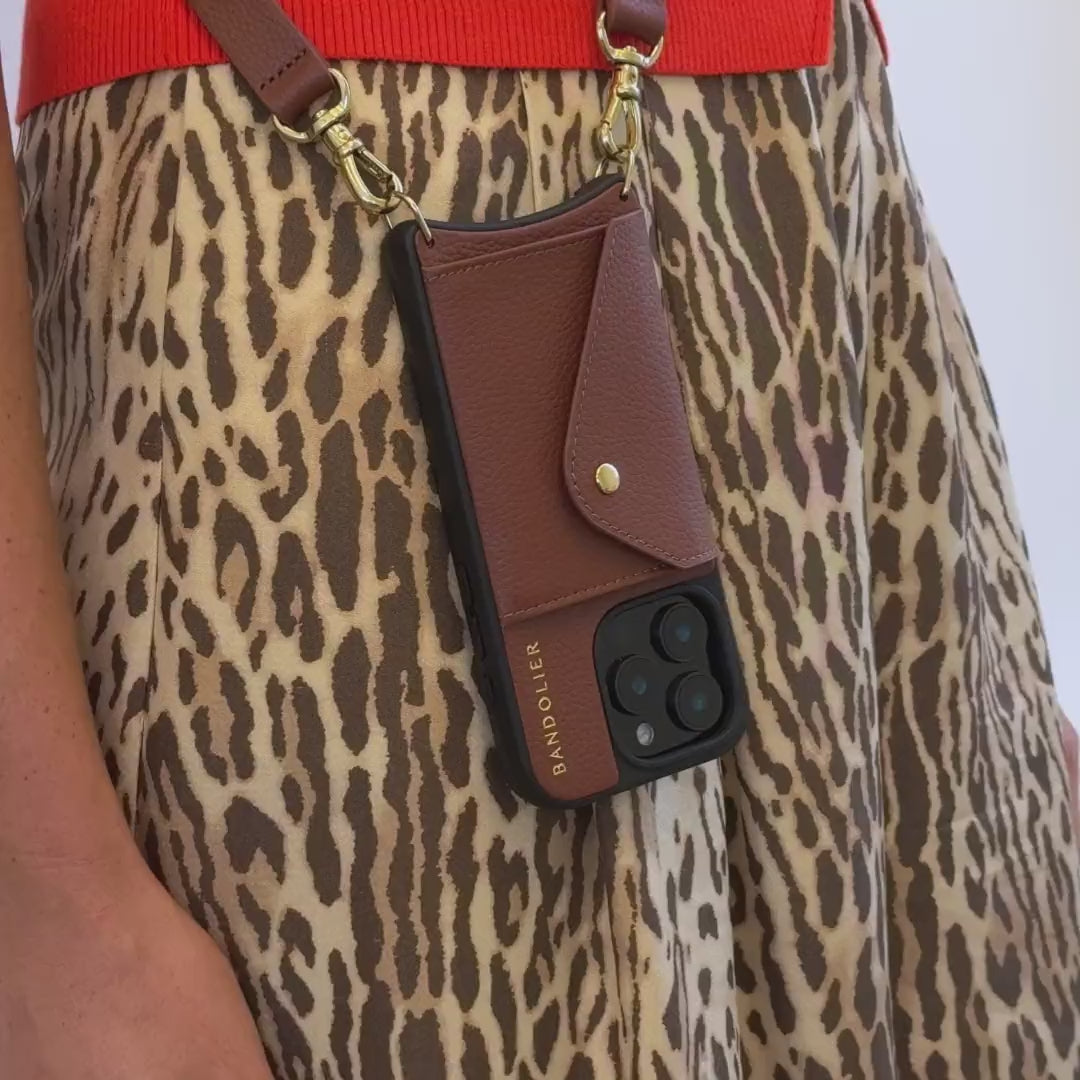 Hailey Side Slot Leather Crossbody Bandolier - Cognac/Gold