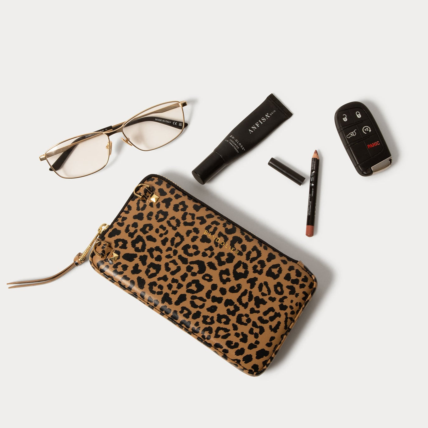 Smooth Leather Expanded Zip Pouch - Leopard/Gold