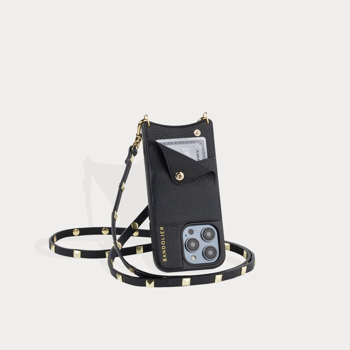 Bandolier Sarah Crossbody Phone Case and Wallet - Black Leather with Gold Detail - Compatible with iPhone 14 Pro