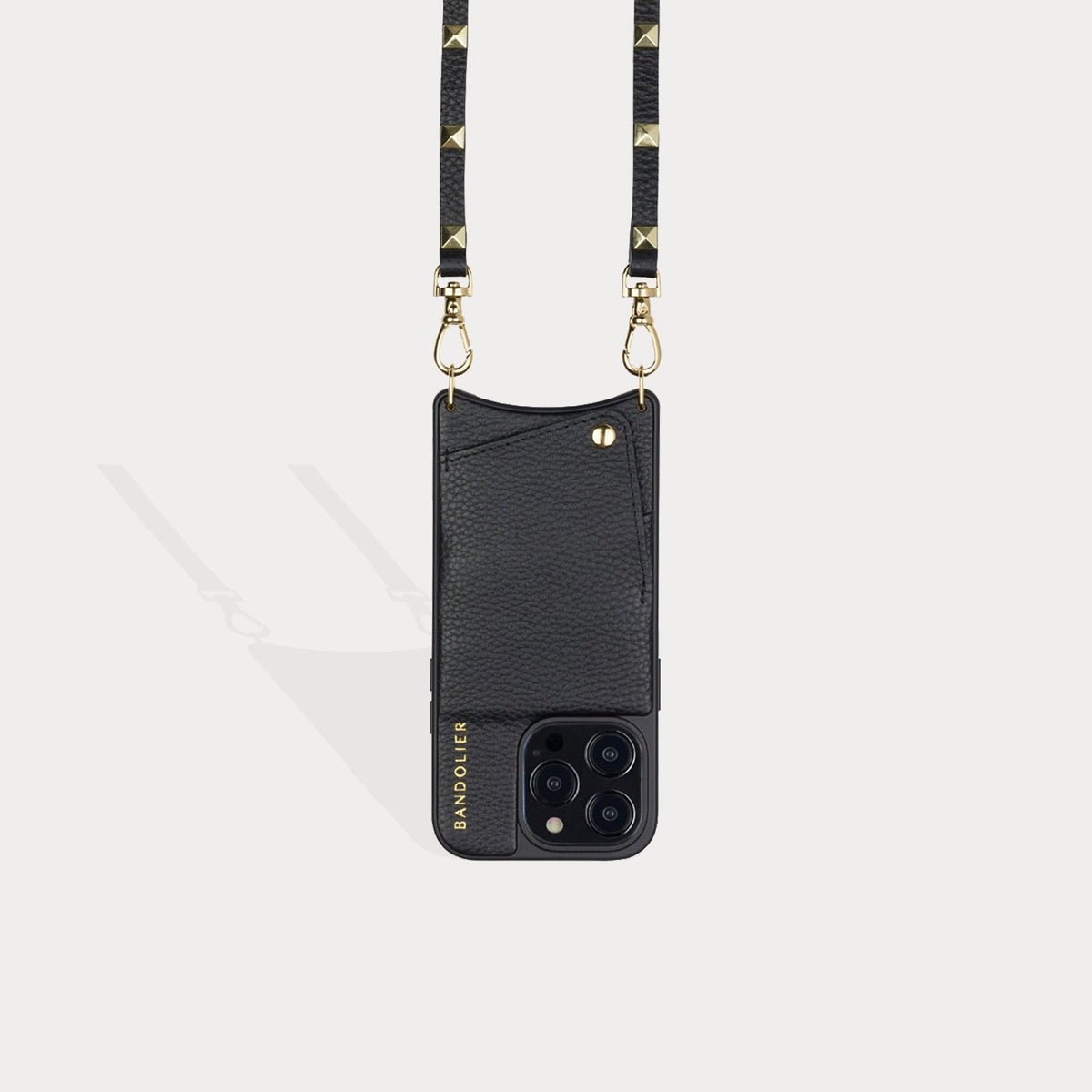 Bandolier Sarah Crossbody Phone Case and Wallet - Black Leather with Gold Detail - Compatible with iPhone 14 Pro