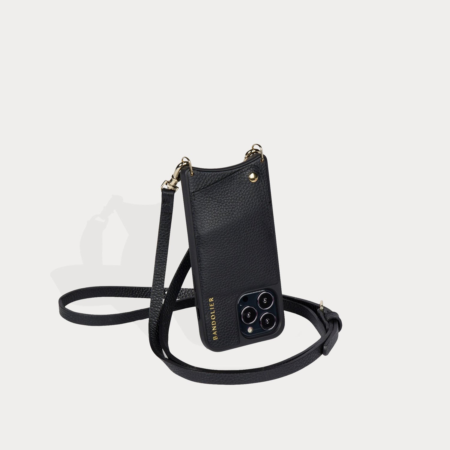 Emma Pebble Leather Crossbody Bandolier in Black/Gold | 15 / iPhone Plus | Bandolier Style