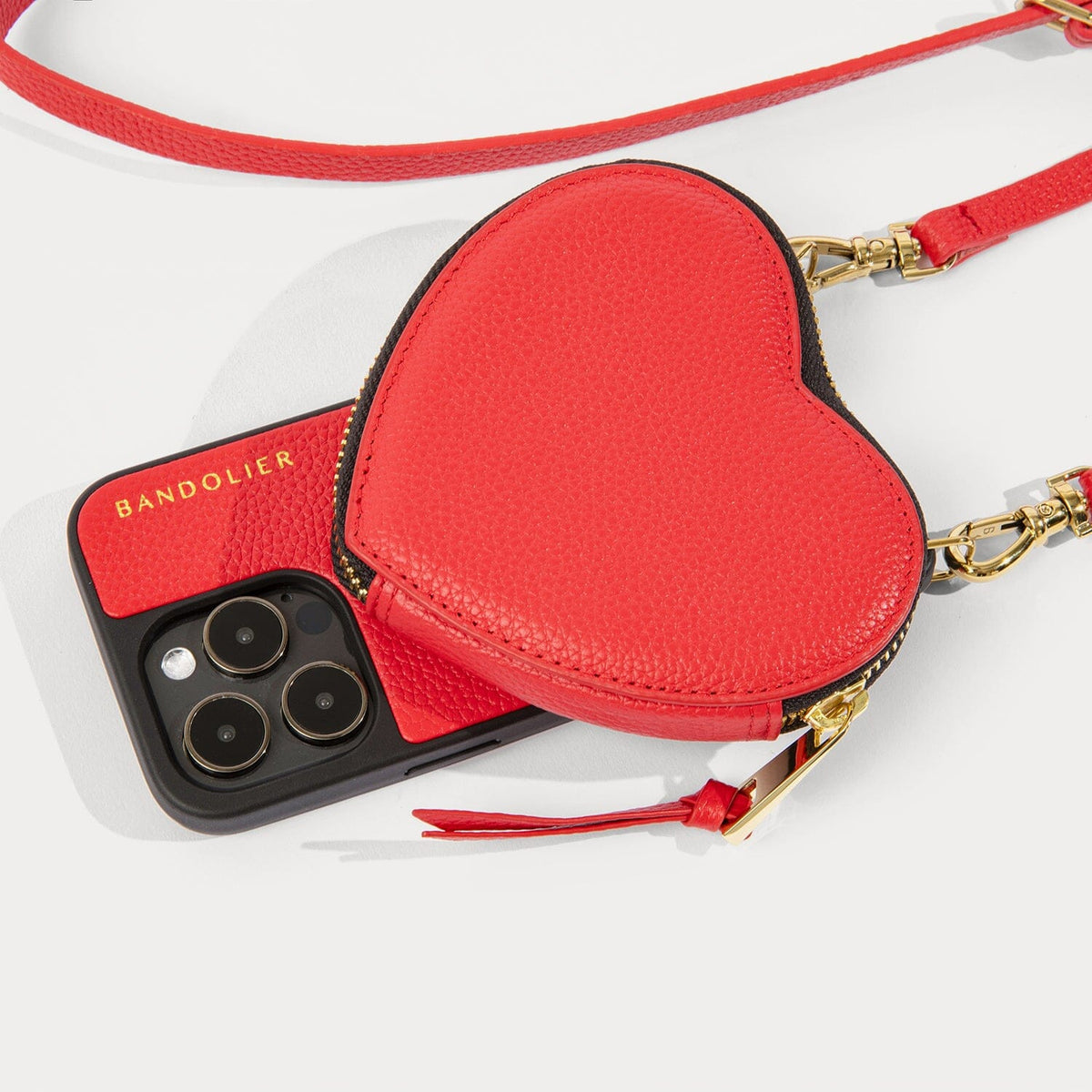 Willa Heart Pouch Bandolier in Red/Gold | 14 / iPhone Pro | Genuine Leather | Bandolier Style