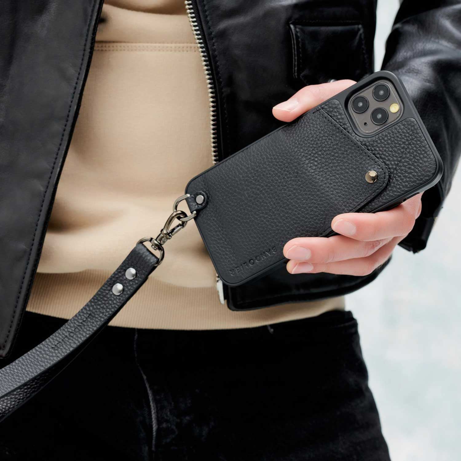 Ryder Wallet Wrist Strap in Black/Pewter | _ / iPhone XR | Genuine Leather | Functional Design | Bandolier Style