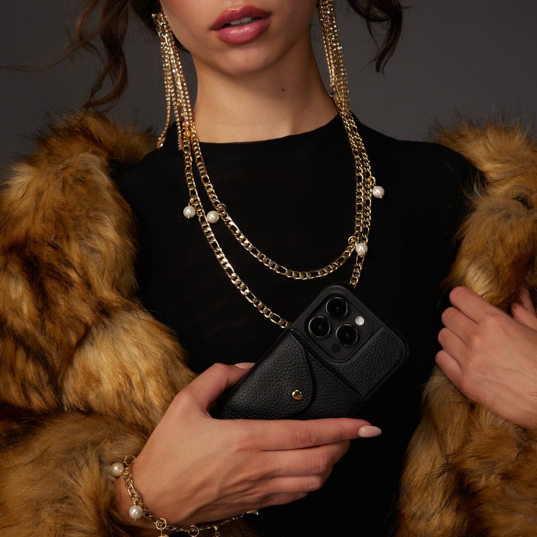 Estelle Pearl Crossbody Set in Black/Gold | 14 / iPhone Regular | Genuine Leather | Bandolier Style