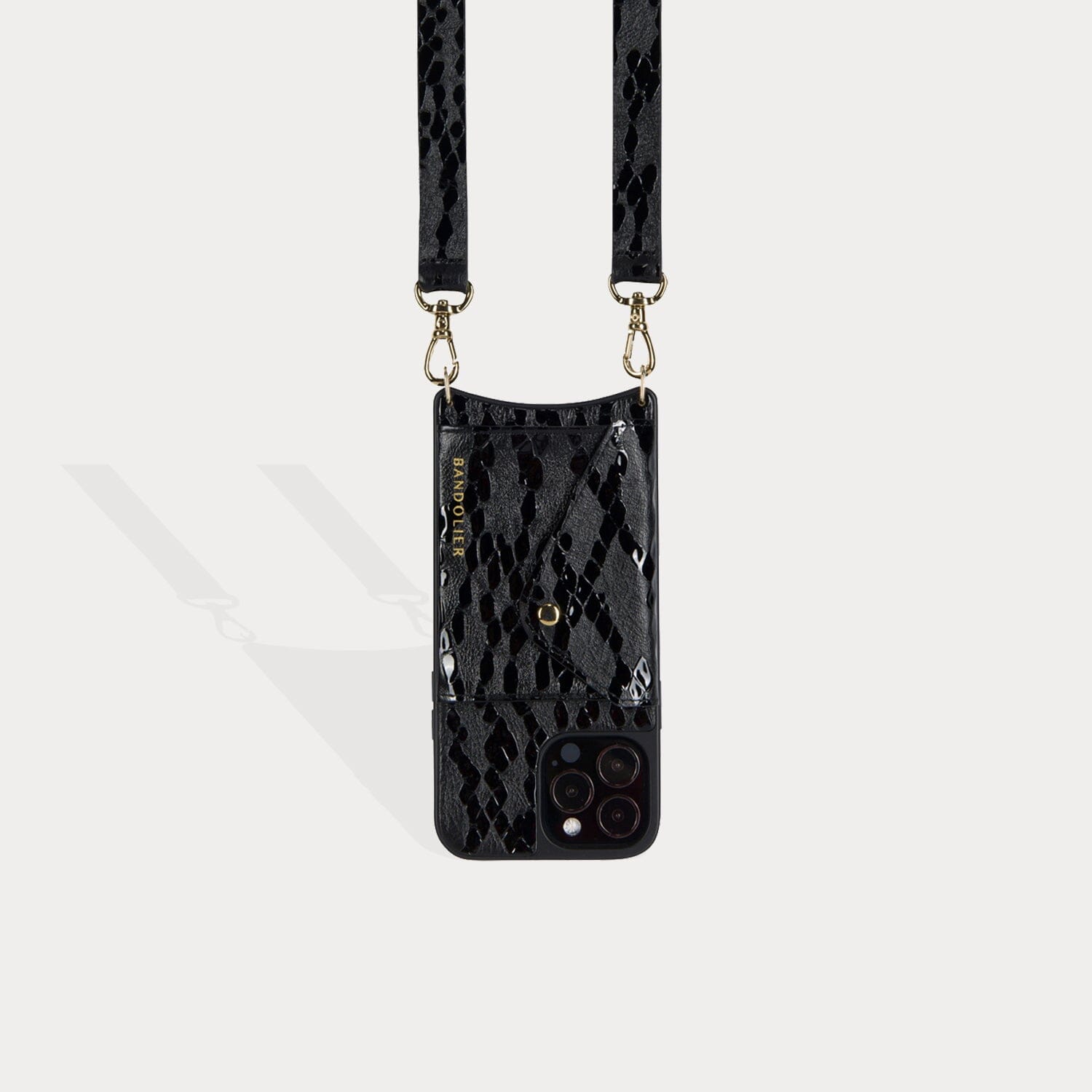 Hailey Side Slot Embossed Leather Crossbody Bandolier - Matte Black/Gold Bandolier 